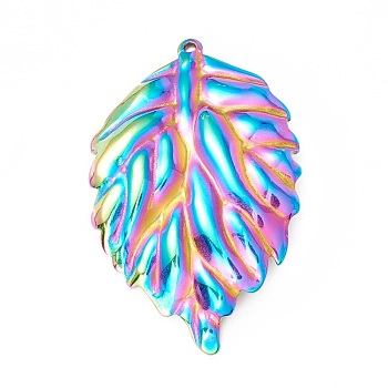 Ion Plating(IP) 304 Stainless Steel Pendants, Leaf, Rainbow Color, 43x28x2.5mm, Hole: 1.2mm