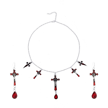 FireBrick Enamel Crucifix Cross with Plastic Teardrop Pendant Necklace & Dangle Earrings, Halloween Theme Alloy Jewelry Set for Women, Antique Silver, 500mm, 67mm, Pin: 0.7mm
