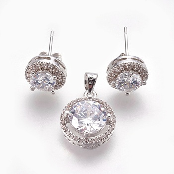 Brass Micro Pave Cubic Zirconia Jewelry Sets, Pendants and Stud Earrings, Flat Round, Clear, Platinum, 15x13x5.5mm, Hole: 4x5mm, 10x6mm, Pin: 0.7mm