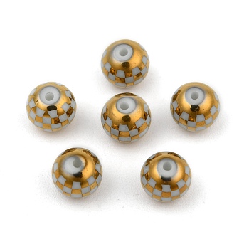 Electroplate Glass Beads, Plaid Beads, Round with Tartan Pattern, Gold, 8~8.5mm, Hole: 1.5mm