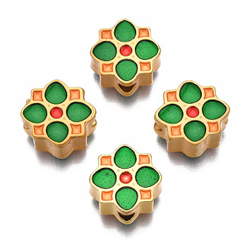 Rack Plating Alloy Enamel Beads, Cadmium Free & Lead Free, Matte Gold Color, Flower, Green, 11x11.5x5mm, Hole: 2mm