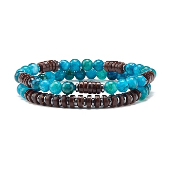 Natural Chalcedony & Synthetic Non-magnetic Hematite Beads Energy Stretch Bracelets Set, Coconut Beads Bracelets for Girl Women, Inner Diameter: 2-3/8 inch(5.9cm), 2pcs/set