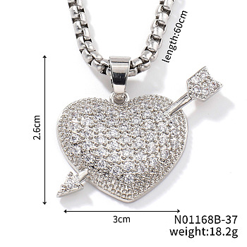 Brass Clear Cubuc Zirconia Shiny Romantic Cupid Arrow Pendant High-End Elegant Necklaces, Platinum, 23.62 inch(60cm)