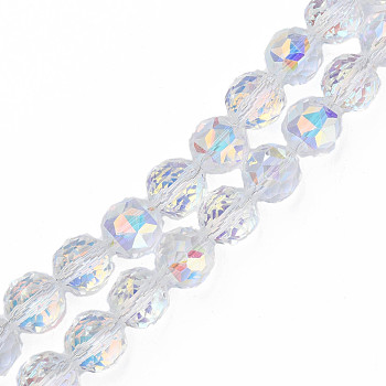 Electroplate Transparent Glass Beads Strands, Faceted, Round, Clear AB, 12x11mm, Hole: 1.2mm, about 48~50pcs/strand, 21.18~22.04 inch(53.8~56cm)