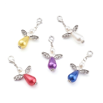 Imitation Pearl Acrylic Pendants, Antique Silver Heart Beads, with Platinum Alloy Lobster Claw Clasps, Angel & Wings, Mixed Color, 33x23.5x10mm, Hole: 4x5mm