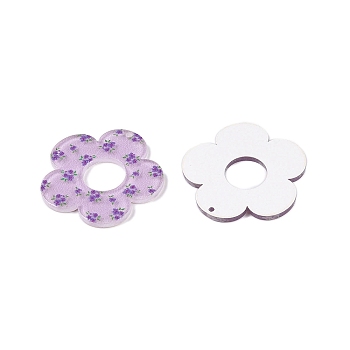 Flower Theme Printed Acrylic Pendants, Lilac, 33.5x33.5x2mm, Hole: 1.6mm