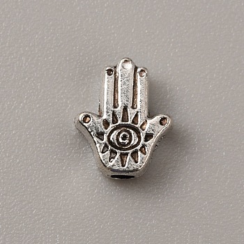 Tibetan Style Alloy Beads, Hamsa Hand with Eye, Antique Silver, 9x7.5x3mm, Hole: 1.6mm