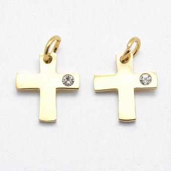 316 Surgical Stainless Steel Tiny Cross Charms, with Cubic Zirconia, Long-Lasting Plated, Clear, Real 18K Gold Plated, 12x11x2mm, Hole: 3mm