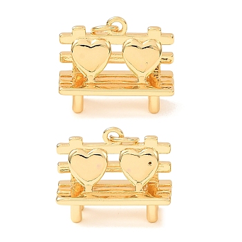 Brass Pendants, Bench with Heart Charms, Rack Plating, Long-Lasting Plated, Lead Free & Cadmium Free, Real 18K Gold Plated, 16x20x7mm, Hole: 3mm