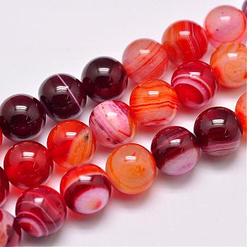 Natural Striped Agate/Banded Agate Bead Strands, Dyed & Heated, Round, Grade A, FireBrick, 10mm, Hole: 1mm, about 39pcs/strand, 15.2 inch(387mm)