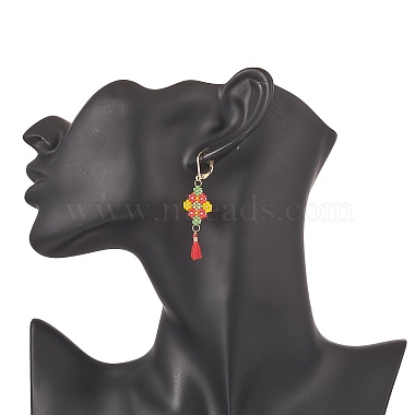 Glass Seed Braided Rhombus with Cotton Tassel Dangle Leverback Earrings(EJEW-MZ00042)-3