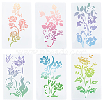 6Pcs 6 Styles Flower Theme PET Plastic Hollow Out Drawing Painting Stencils Templates, Rectangle, White, 280x180x0.3mm, 1pc/style(DIY-WH20009-46)