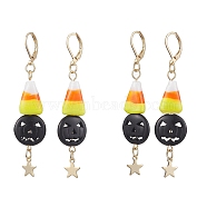 Halloween Candy Corn Handmade Lampwork & Black Pumpkin Synthetic Turquoise Leverback Dangle Earrings, Star 304 Stainless Steel Jewelry for Women, Colorful, 67x15mm(EJEW-JE05872)