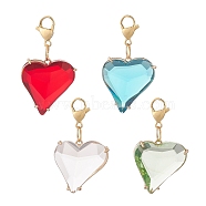 K9 Glass Pendants Decorations, 304 Stainless Steel Lobster Claw Clasp Charms, Asymmetrical Heart Charm, Mixed Color, 47.5mm(HJEW-JM00870)