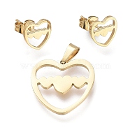 Valentine's Day 304 Stainless Steel Jewelry Sets, Pendants and Stud Earrings, with Ear Nuts, Heart, Golden, 19x18.5x1mm, Hole: 5.3x2.5mm; 9x9mm, Pin: 0.7mm(SJEW-K154-08G)