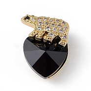 Real 18K Gold Plated Rack Plating Brass Micro Pave Clear Cubic Zirconia Pendants, with Glass, Long-Lasting Plated, Cadmium Free & Lead Free, White Bear & Heart Charm, Black, 17x13x9mm, Hole: 4x1.5mm(KK-C015-06G-07)
