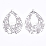 304 Stainless Steel Filigree Pendants, Etched Metal Embellishments, Teardrop with Leaf, Stainless Steel Color, 38.5x30x0.3mm, Hole: 1.6mm(STAS-T057-15P)