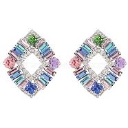 Glass Hollow Out Rhombus Earrings Stud Earrings, Brass Jewelry, Colorful, 42x35mm, Pin: 0.6mm(JE1113A)