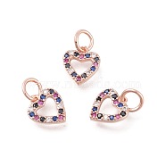 Brass Micro Pave Cubic Zirconia Charms, Heart, Colorful, Rose Gold, 11x10x2mm, Hole: 4mm(ZIRC-F106-02RG)