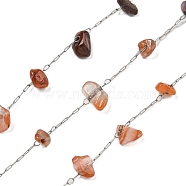 304 Stainless Steel with Dyed Natural Carnelian Chip Link Chains, Soldered, with Spool, Stainless Steel Color, 3.5~10x1.5~7x1.5~4.5mm(CHS-G038-09P-04)