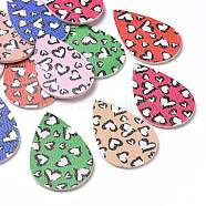 PU Leather Big Pendants, Teardrop with Heart Pattern, For Valentine's Day Jewelry Making, Mixed Color, 56x37x1.5mm, Hole: 1.2mm(FIND-S311-003)