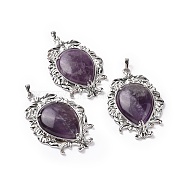 Natural Amethyst Big Pendants, Teardrop Charms, with Rack Plating Platinum Tone Brass Findings, 56x37x8mm, Hole: 7x4.5mm(G-P496-01P-16)