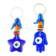 2Pcs 2 Style Turkish Blue Evil Eye Star/Hamsa Hand Pendant Alloy Keychain, with Iron Findings, Blue, 10.3~11.8cm, 1pc/style(KEYC-AR0001-28)