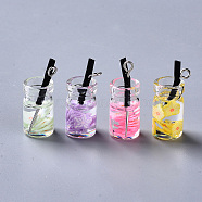 Glass Bottle Pendants, with Resin & Polymer Clay inside, Plastic and Platinum Tone Iron Eye Pin, Imitation Juice Bottle, Mixed Color, 24~26x10mm, Hole: 1.6mm(GLAA-S181-11)