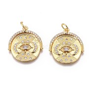 Brass Micro Pave Clear Cubic Zirconia Pendants, Long-Lasting Plated, Flat Round with Eye, Real 18K Gold Plated, 21x19x2mm, Hole: 3mm(ZIRC-O035-09G)
