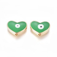 Golden Tone Brass Beads, with Enamel, Heart with Evil Eye, Green, 11x15x4.5mm, Hole: 1.6mm(ENAM-L025-B-06)