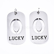 201 Stainless Steel Pendants, Laser Cut, with Jump Rings, Rectangle with Number and Word LUCKY, Stainless Steel Color, Num.0, 35x17x1.5mm, Jump Ring: 6x1mm, Inner Diameter: 4mm(STAS-T044-220P-0)