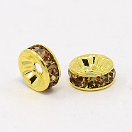 Brass Grade A Rhinestone Spacer Beads, Golden Plated, Rondelle, Nickel Free, Lt.Col.Topaz, 5x2.5mm, Hole: 1mm(RSB035NF-05G)