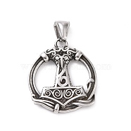 304 Stainless Steel Pendants, Ring with Thor's Hammer, Antique Silver, 34.5x30x4mm, Hole: 4x8mm(STAS-J039-02AS)