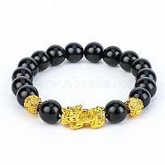 Natural Obsidian & Pi Xiu Stretch Bracelet, Gold(FL7660)