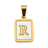 PVD Vacuum Plating 304 Stainless Steel Pave Natural White Shell Pendants, Rectangle with Letter Charms, Golden, Letter R, 17.5x12x1.5mm, Hole: 6x3mm(STAS-S130-03G-R)