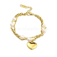 Vacuum Plating 304 Stainless Steel Double Layer Multi-strand Bracelet, Heart Charms Bracelet with Natural Pearl Beaded for Girl Women, Golden, 6-7/8 inch(17.4cm)(BJEW-Z016-05G)