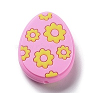 Easter Egg with Flower Silicone Beads, Pink, 29.5x23x9.5mm, Hole: 2.5mm(SIL-R014-06B)