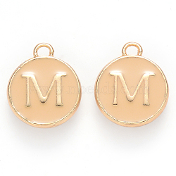 Golden Plated Alloy Enamel Charms, Cadmium Free & Lead Free, Enamelled Sequins, Flat Round with Letter, Wheat, Letter.M, 14x12x2mm, Hole: 1.5mm(ENAM-S118-06M)