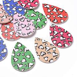 PU Leather Big Pendants, Teardrop with Heart Pattern, For Valentine's Day Jewelry Making, Mixed Color, 56x37x1.5mm, Hole: 1.2mm(FIND-S311-003)