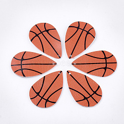 PU Leather Big Pendants, Single-Sided Basketball Pattern, Teardrop, Chocolate, 57.5x37x1mm, Hole: 2mm(X-FIND-Q082-06A)