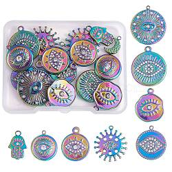 16Pcs 8 Style Eye Theme 304 Stainless Steel Rhinestone Pendants, Hamsa Hand/Hand of Miriam & Flat Round, Rainbow Color, 17.5~23x11~21x2~3mm, Hole: 1.4~2mm, 2pcs/style(STAS-SZ0002-85MC)