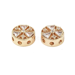 Brass Micro Pave Clear Cubic Zirconia Beads, Flat Round with Flower, Real 18K Gold Plated, 10.5x5mm, Hole: 1.6mm(KK-Z059-04G)