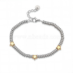 304 Stainless Steel Beaded Bracelets for Women, Golden & Stainless Steel Color, Star, 6.50 inch(16.5cm)(WG7B0C0-02)