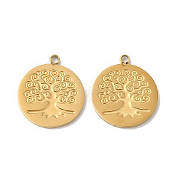 Manual Polishing 304 Stainless Steel Charms, Flat Round with Tree of Life Charm, Real 18K Gold Plated, 14x12x1.5mm, Hole: 1.2mm(STAS-P335-02G)