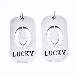 201 Stainless Steel Pendants, Laser Cut, with Jump Rings, Rectangle with Number and Word LUCKY, Stainless Steel Color, Num.0, 35x17x1.5mm, Jump Ring: 6x1mm, Inner Diameter: 4mm(STAS-T044-220P-0)