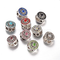 Alloy European Beads, with Rhinestones, Large Hole Beads, Flat Round, Antique Silver, Mixed Color, 11x11mm, Hole: 4.5mm(PALLOY-P105-06)