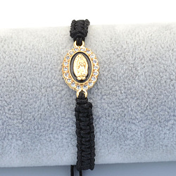 Religion Alloy Rhinestone and Enamel Link Bracelets, Cotton Cord Braided Bracelets for Women, Oval with Virgin Mary, Black, 6.30~11.81 inch(16~30cm)(FS-WG5574D-13)