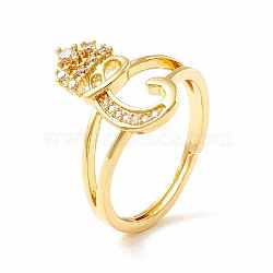 Clear Cubic Zirconia Initial Letter with Crown Adjustable Ring, Real 18K Gold Plated Brass Alphabet Ring for Women, Cadmium Free & Lead Free, Letter.C, US Size 6(16.5mm)(RJEW-M139-17C)