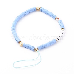 Polymer Clay Heishi Beaded Mobile Straps, Telephone Jewelry, with Acrylic Enamel Beads and Brass Beads, Word Love, Golden, Light Blue, 20cm(HJEW-JM00464-03)