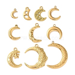 10Pcs 304 Stainless Steel Pendants, Moon Charm, Ion Plating(IP), Real 18K Gold Plated, 13~34x8.5~23x2~3mm, Hole: 1.5~2.5mm(STAS-P426-11G)